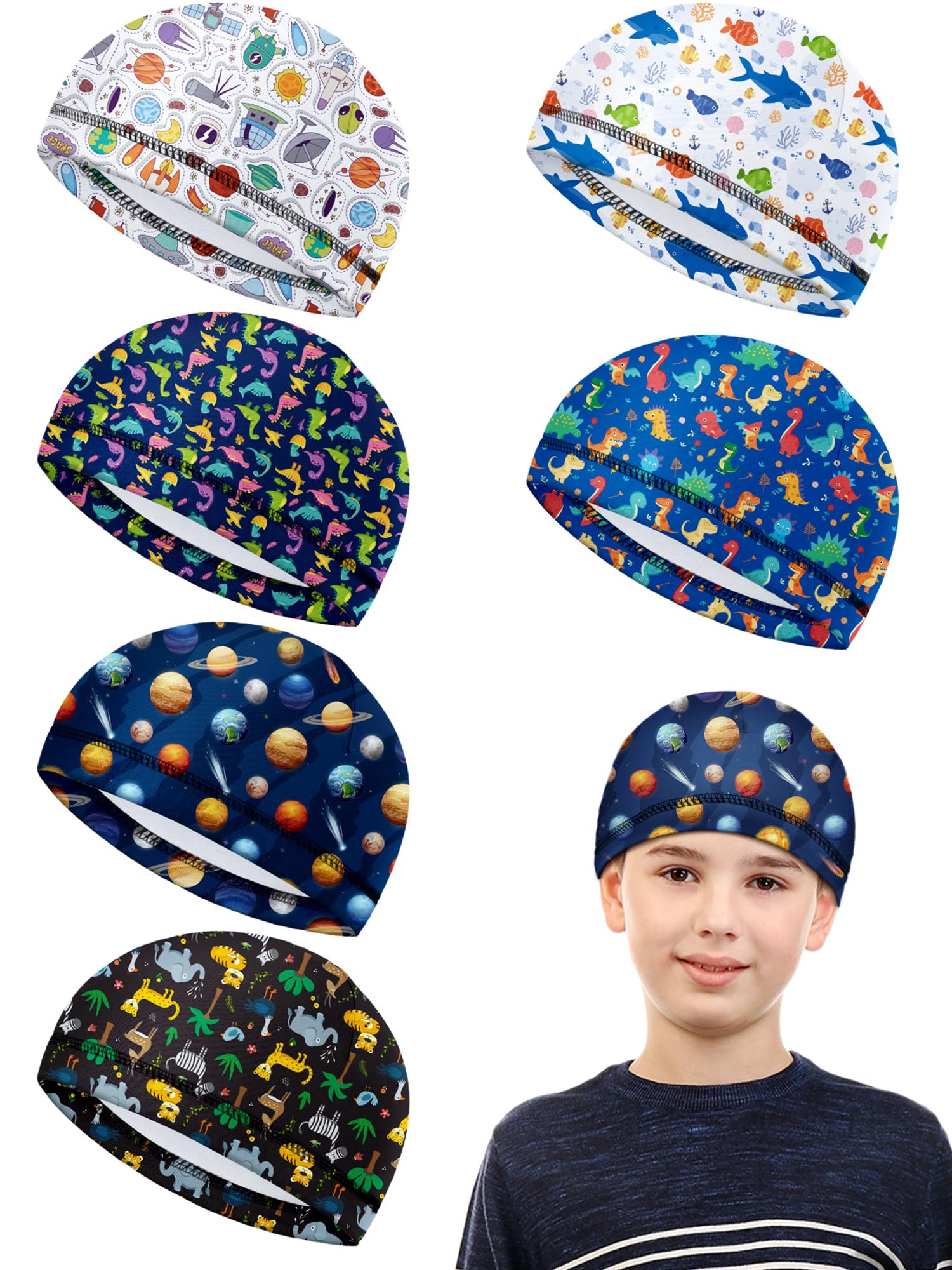 Photo 1 of Geyoga 6 Pcs Skull Caps for Kid Youth Skull Cap for Under Helmet Football Sport Wicking Cap Running Hat(Cute Style) Colorful
