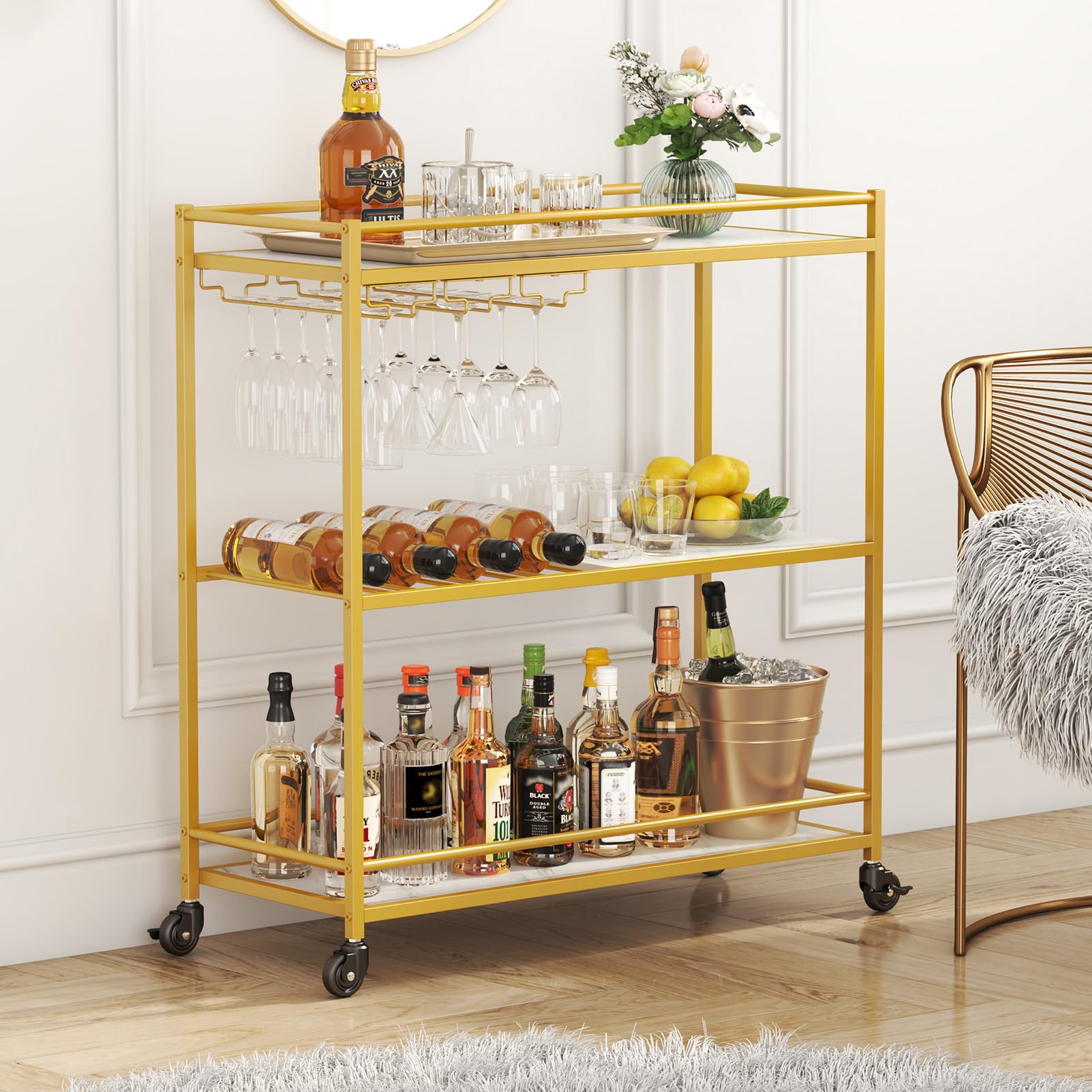 Lifewit Drink Trolley, 3 Tier Bar Cart with Lockable Wheels, Wine Rack and Glass Holders, Serving Cocktail Alcohol Trolley for Kitchen Dining Living