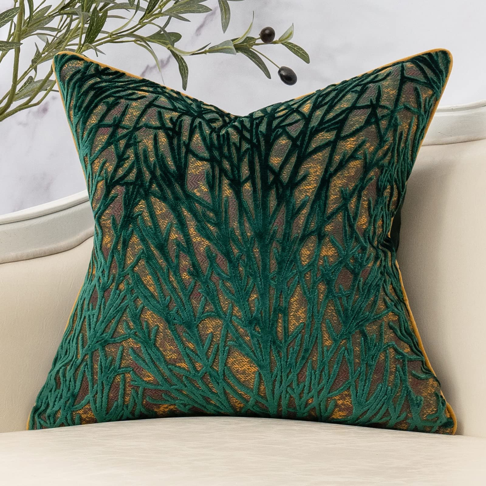 Photo 1 of Yangest Green Twigs Throw Pillow Cover Branches Velvet Cushion Case Neutral Pillowcase for Sofa Couch Bedroom Living Room Home Decor,20x20 Inch