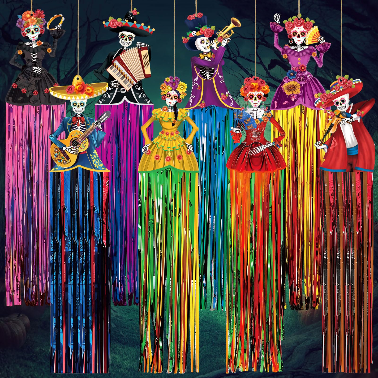 Photo 1 of Fanfanwin 8 Pcs Day of The Dead Sugar Skull Hanging Decorations Outdoor Dia De Los Muertos Party Decorations with Tassels Mexican Day of The Dead Halloween Decor with Glue Points