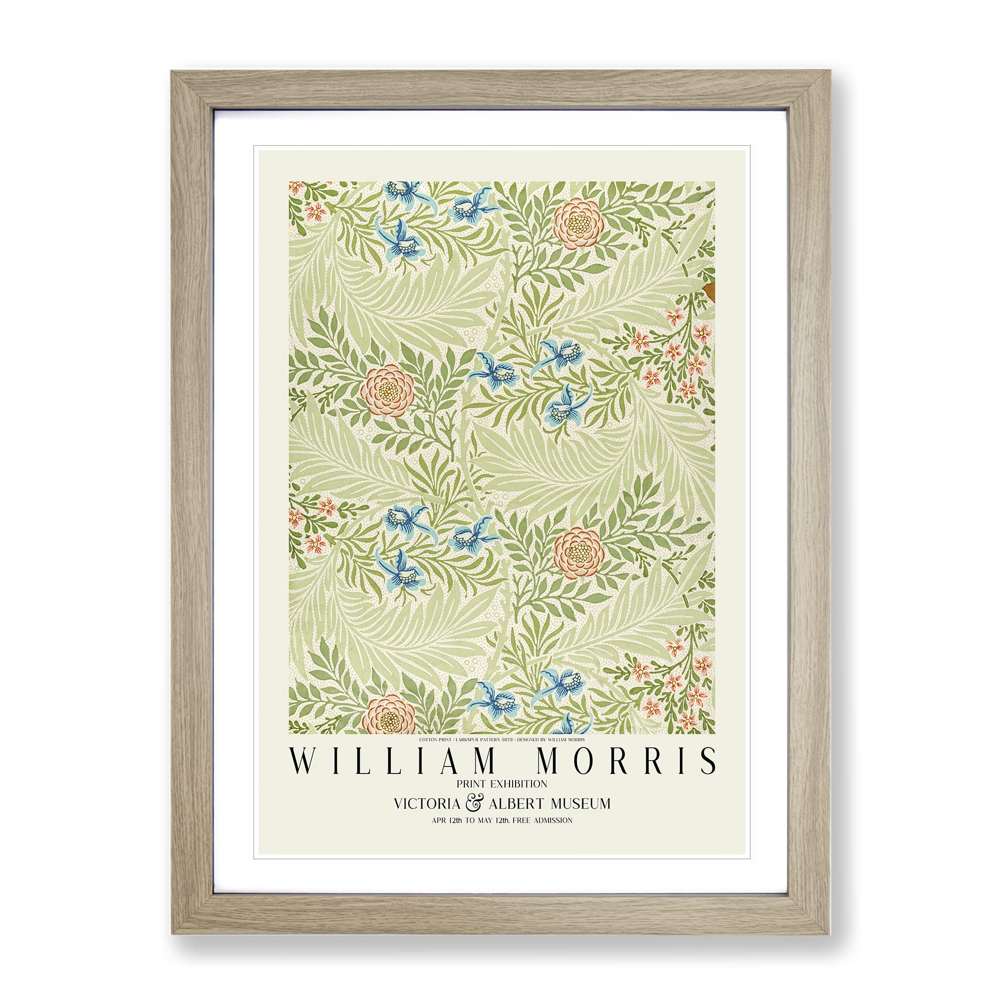 Larkspur Pattern With Border By William Morris Classic Painting Framed Wall Art Print, Ready to Hang Picture for Living Room Bedroom Home Office Décor, Oak A3 (34 x 46 cm)