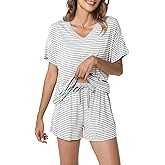 LazyCozy Striped Pajama Set for Women, Viscose Made from Bamboo, Short Sleeve Shirt with Sleep Shorts Soft PJ Set
