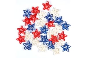 OLIKER 30 PCS 4th of July Star Decorations, 2.5 * 2.5 inch Red Blue White Stars Rattan Wicker Balls for Independence Day, Bow vase fillers for Home Decor Ornaments Wedding Memorial Day