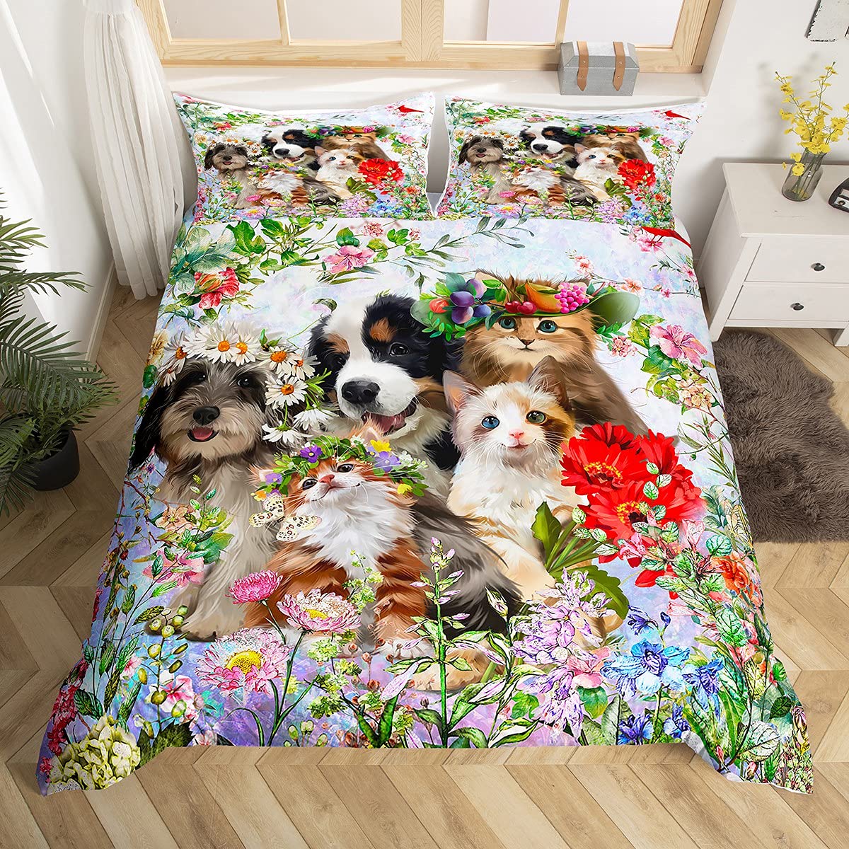 Loussiesd Botanical Duvet Cover Single Size Dog and Cat Bedding Set Floral Print Pattern Comforter Cover Colorful Flowers Farmhouse Quilt Cover 1 Pillowcase 2 Piece