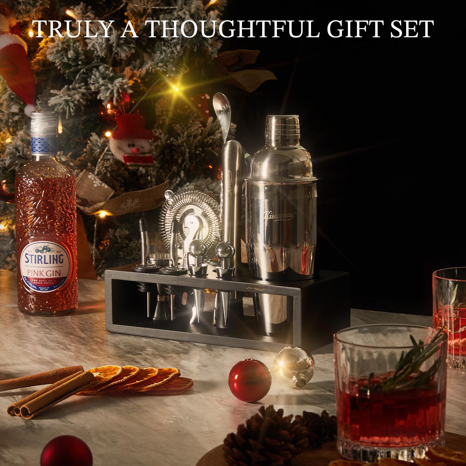 KITESSENSU 12-Piece Cocktail Shaker Set with Stand | Mixology Bartender Kit Bar Set with Essential Bar Accessories for Home Bar: Martini Shaker, Jigger, Muddler, Bar Spoon | Drink Mixer Cocktail Kit - Image 2