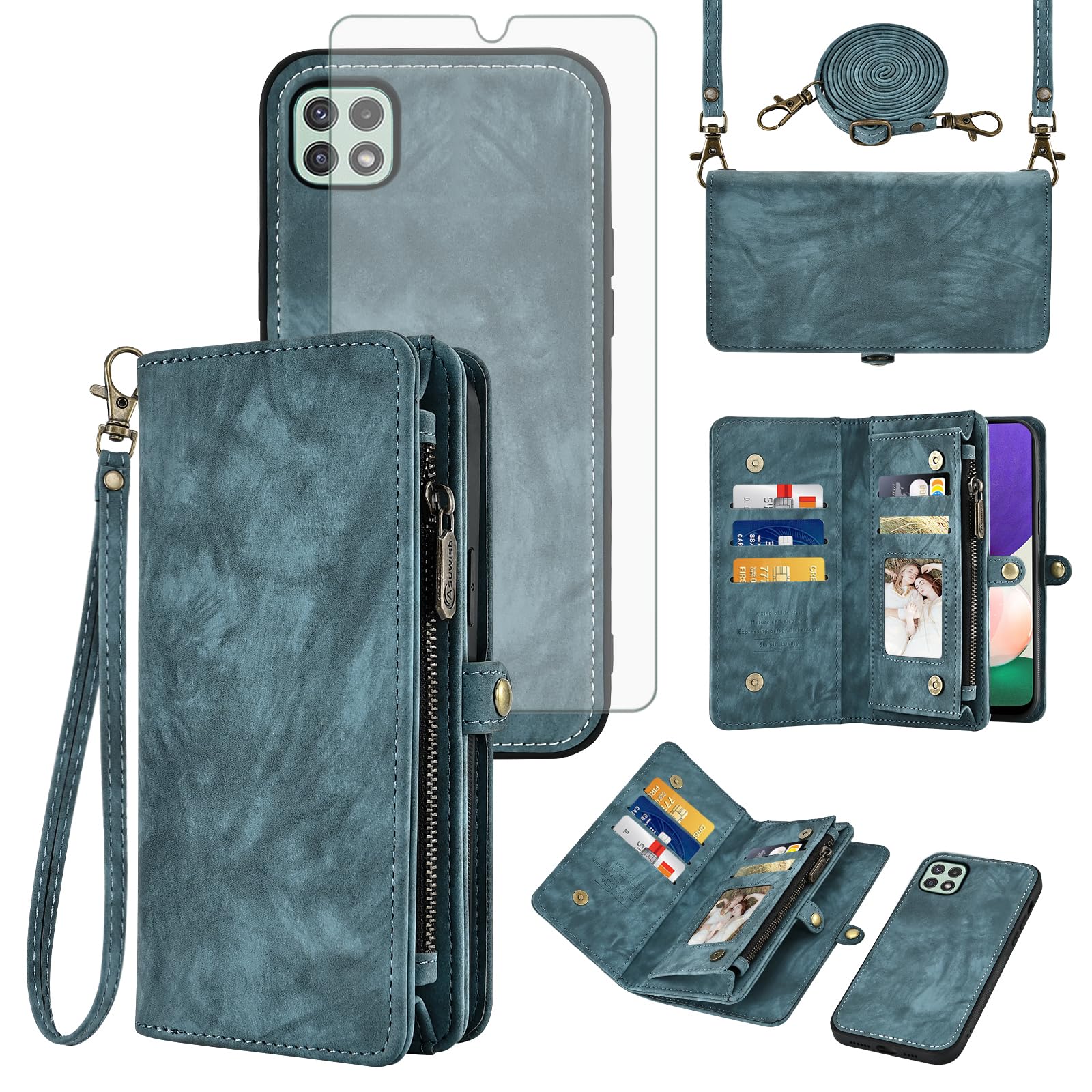 Photo 1 of Asuwish Phone Case for Samsung Galaxy A22 5G Zipper Wallet Magnetic Detachable Cell Cover with Tempered Glass Screen Protector Crossbody Strap Flip Card Holder A 22 22A A22s G5 Women Men Girls Blue