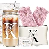 Unique Initial Glass Cup with Lids and Straws, Monogrammed Gifts Box Included Makeup Bag, Valentines Day Mothers Day Birthday Gifts for Women Mom Sister Grandma, K