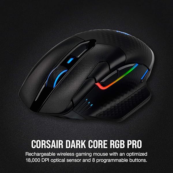 CORSAIR DARK CORE RGB PRO WIRELESS/WIRED FPS MOBA GAMING MOUSE – 18,000 DPI, FAST RESPONSE TIME, 8 PROGRAMMABLE SIDE BUTTONS, DYNAMIC MULTI-COLOR BACKLIGHTING – BLACK