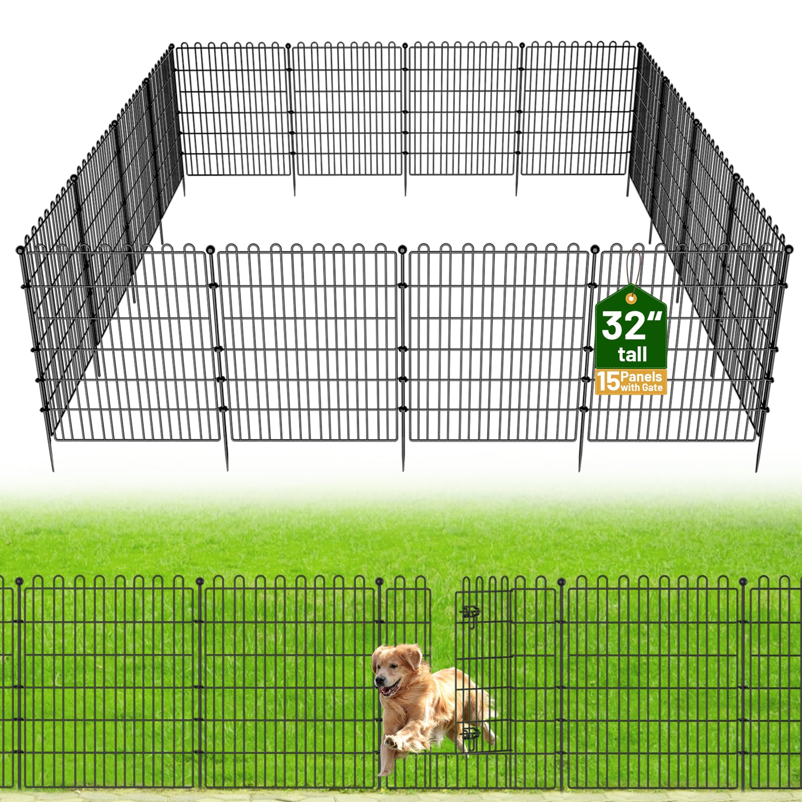 15 Panels No Dig Decorative Garden Fence with Gate for Yard, 32 in(H) X 35.4 ft(L) Animal Barrier Fencing for Outdoor Dog, Metal Portable Garden Fences for Borders, Pets, Landscape, Temporary Fence Image