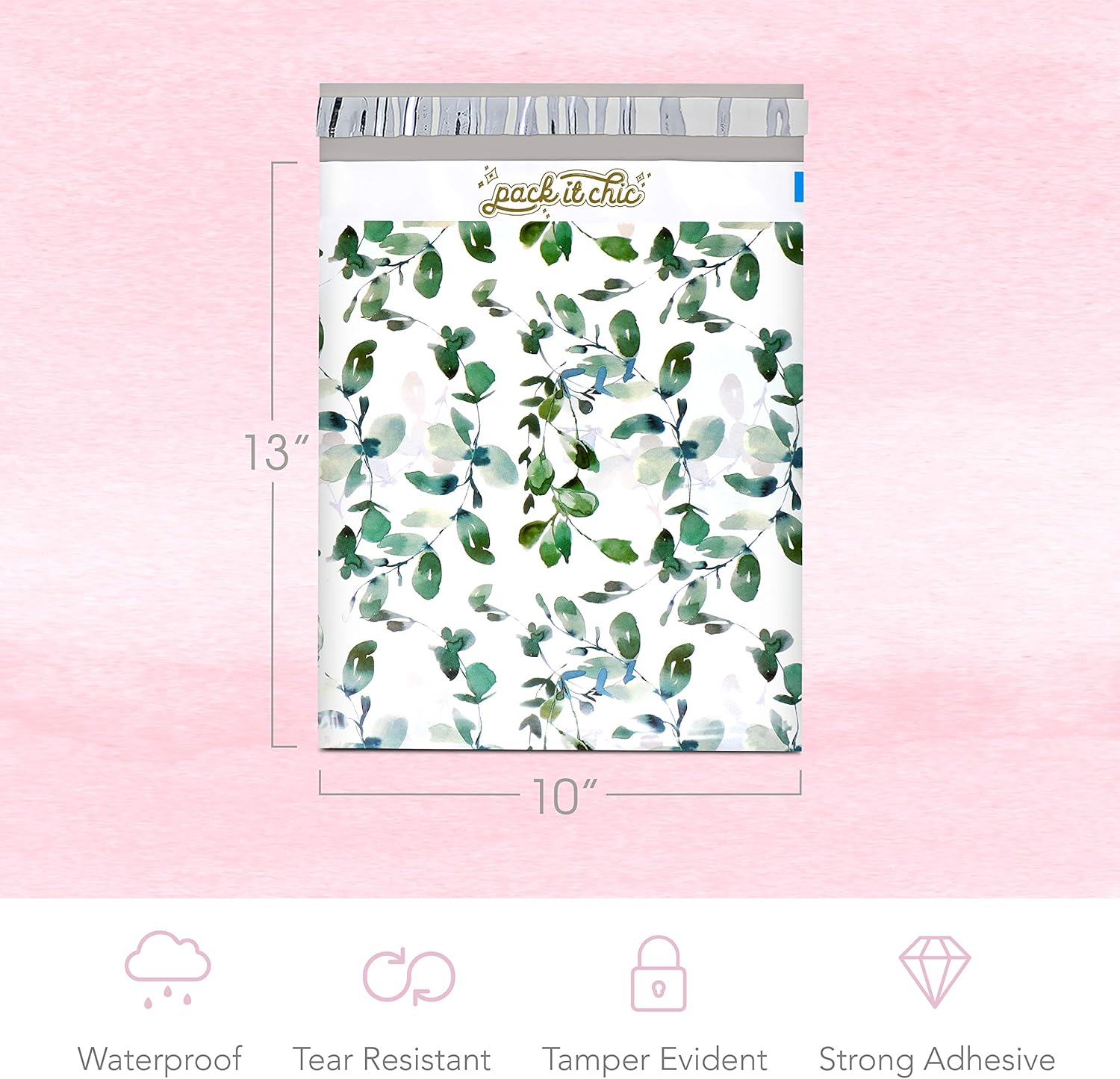 Pack It Chic - 10X13 (100 Pack) Geometric Leaves Pattern - Thank You Poly Mailer Envelope Plastic Custom Mailing & Shipping Bags - Self Seal (More Designs Available) : Office Products