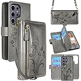 Lacass for Samsung Galaxy S25 Ultra Detachable Crossbody Wallet Case, Compatible with Wireless Charging, [Cards Theft Scan Protection], Magnetic Case Stand PU Leather Zipper(Floral Gray)