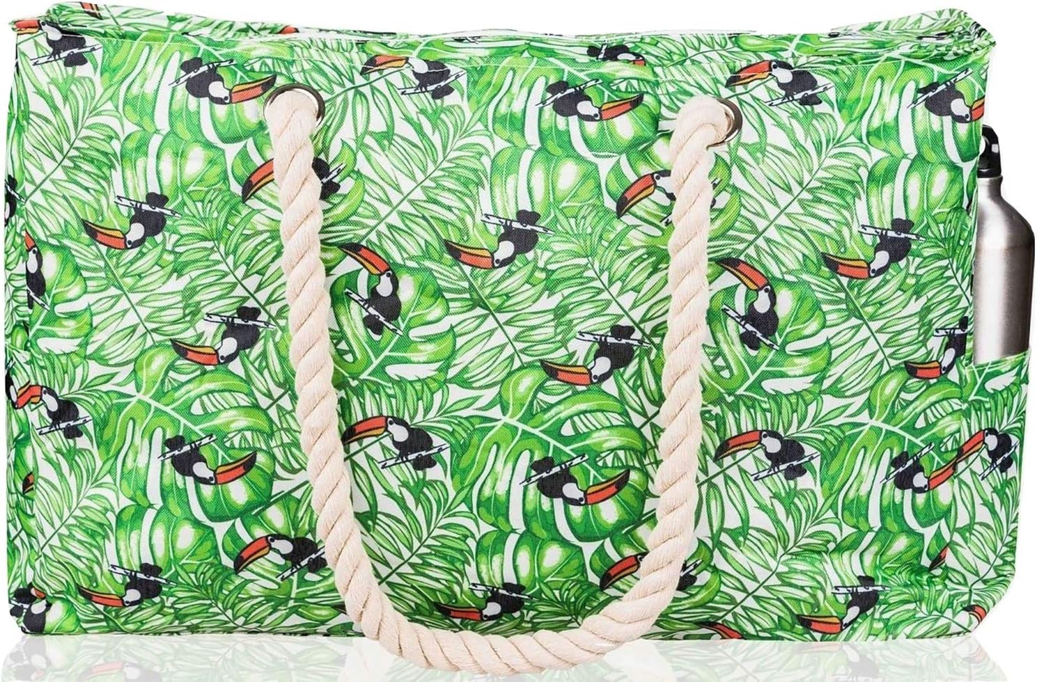 Beach Bag XL. 100% Waterproof (IP64). L22 xH15 xW6 w Cotton Rope Handles, Top Zipper, Two Outside Pockets. Beach Tote With Toucan Pattern Has Waterproof Phone Case, Built-in Key Holder, Bottle Opener