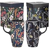 TZSSP Coffee Ceramic Mug Porcelain Latte Tea Cup With Lid 17oz. 2pack Blue and Black