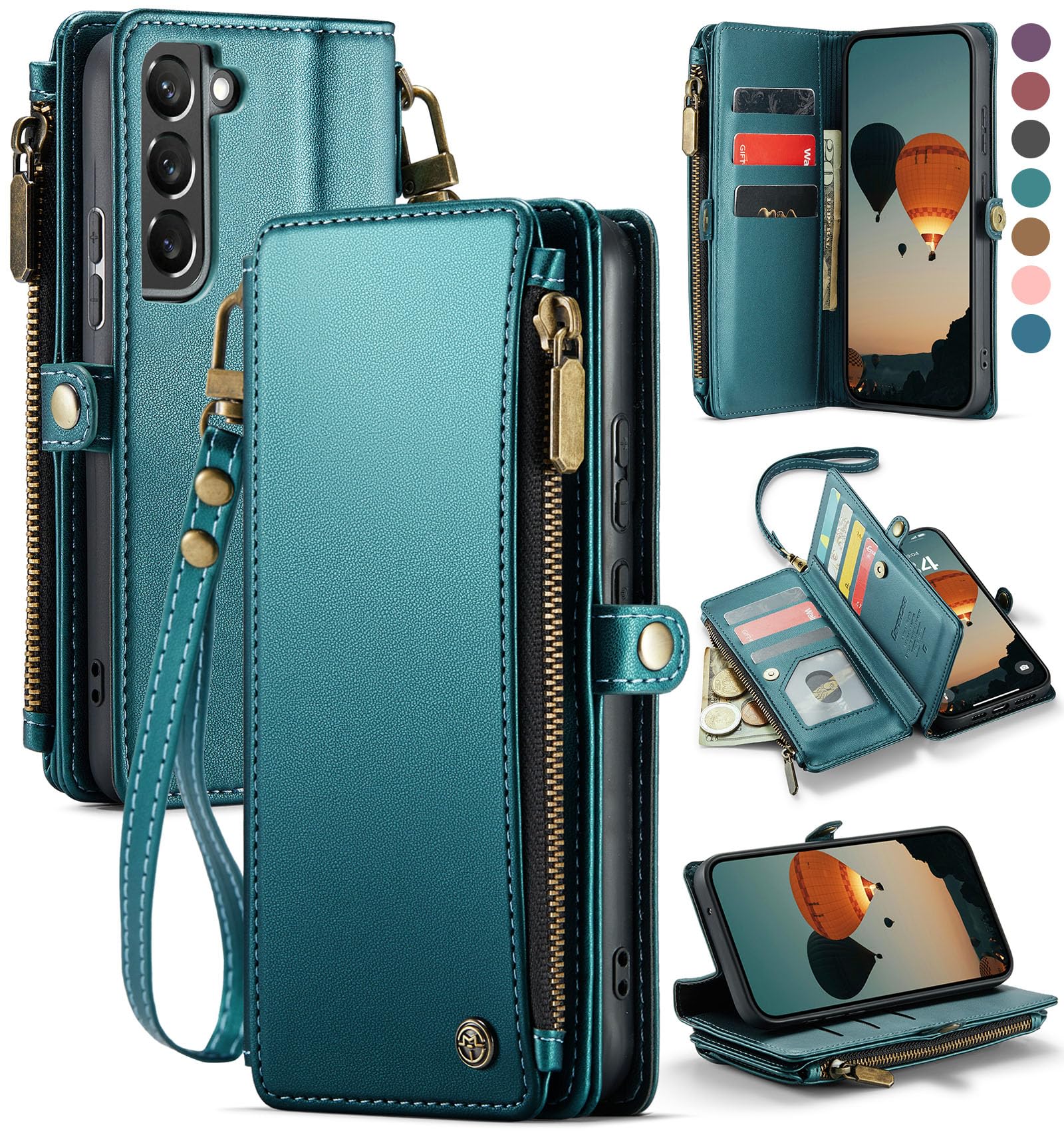 Photo 1 of Defencase Compatible with Samsung Galaxy S22 Plus Case Wallet with RFID Blocking Card Holder for Women Men, PU Leather Magnetic Snap Flip Zipper Strap Phone Case Fit for Galaxy S22 Plus 5G 6.6", Green