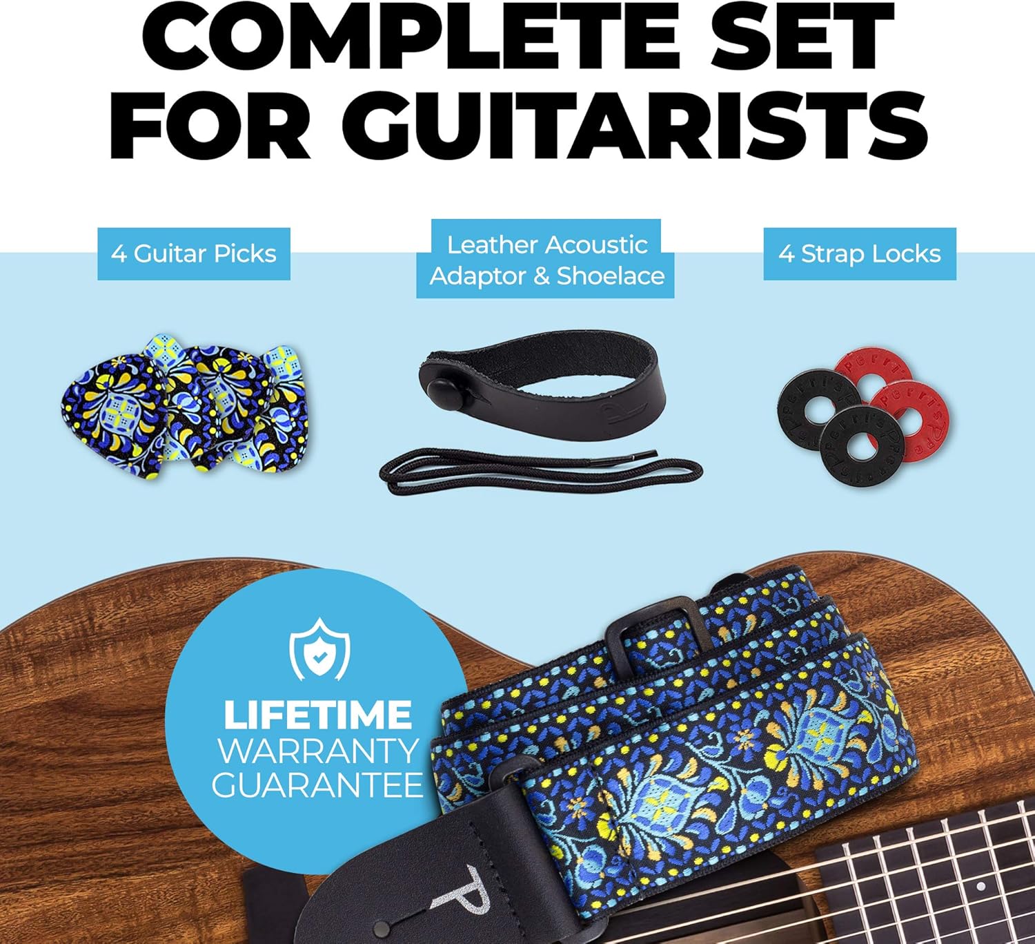 Perri's Leathers Ltd-Guitar Strap-Bundle-BONUS-3 Medium 0.71mm Guitar Picks, 1 Leather Acoustic Adaptor, 4 Strap Locks (Blue Lotus) - Image 3