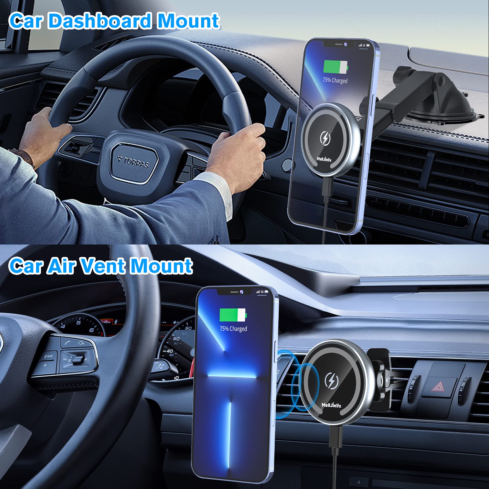 for MagSafe Car Mount Charger, Magnetic Wireless Fast Charging for iPhone16,15,14, 13, 12 Pro Max,Plus,Mini,3-in-1 Vent/Dash/Windshield Auto-Alignment Phone Holder（No 36W QC3.0 Adapter）