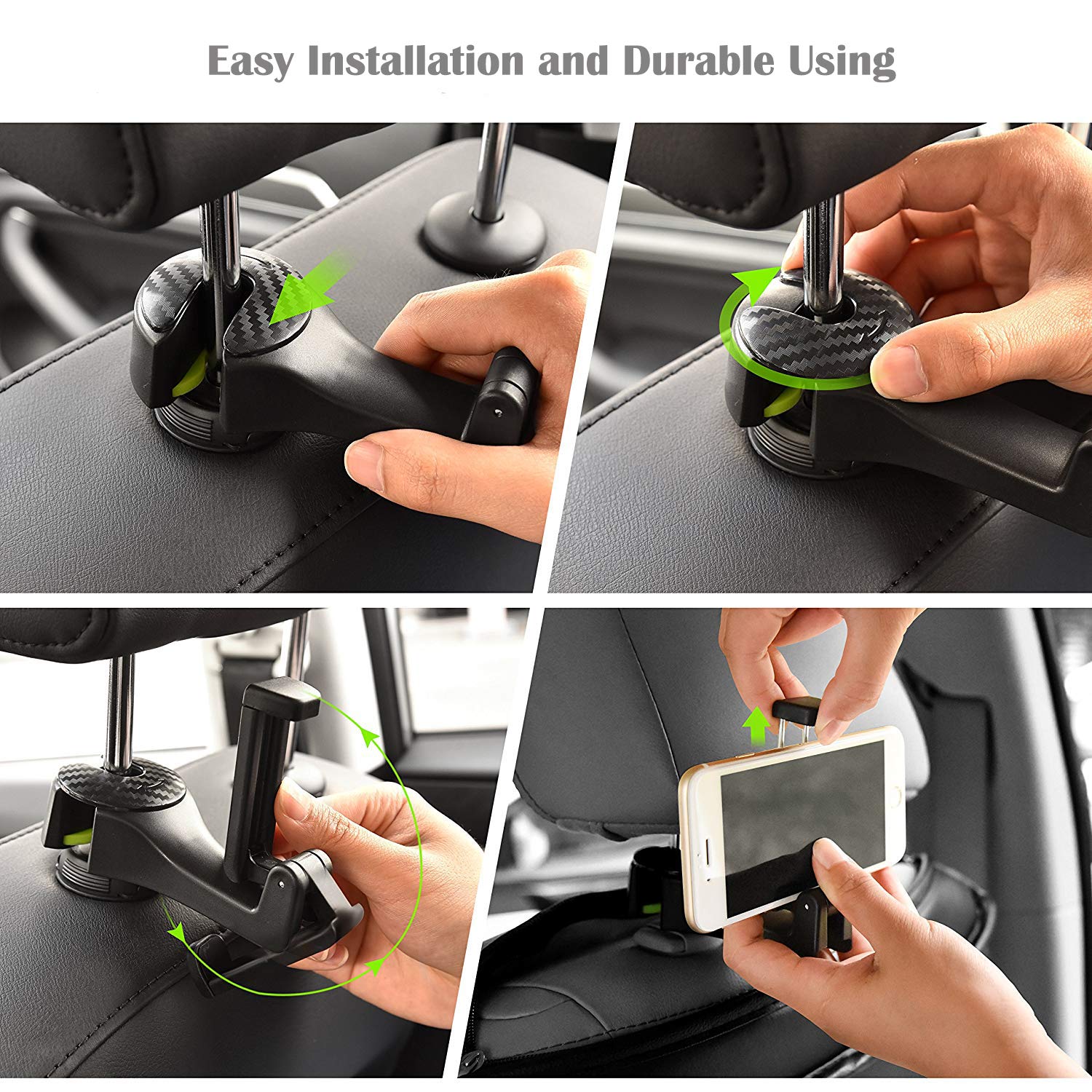 Car Backseat Hooks with Phone Holder,Universal Vehicle Car Headrest Hooks Hanger with Lock and Phone Stand for Holding Phones and Hanging Shopping Bag, Purse, Cloth, Grocery Bags - Pack of 2