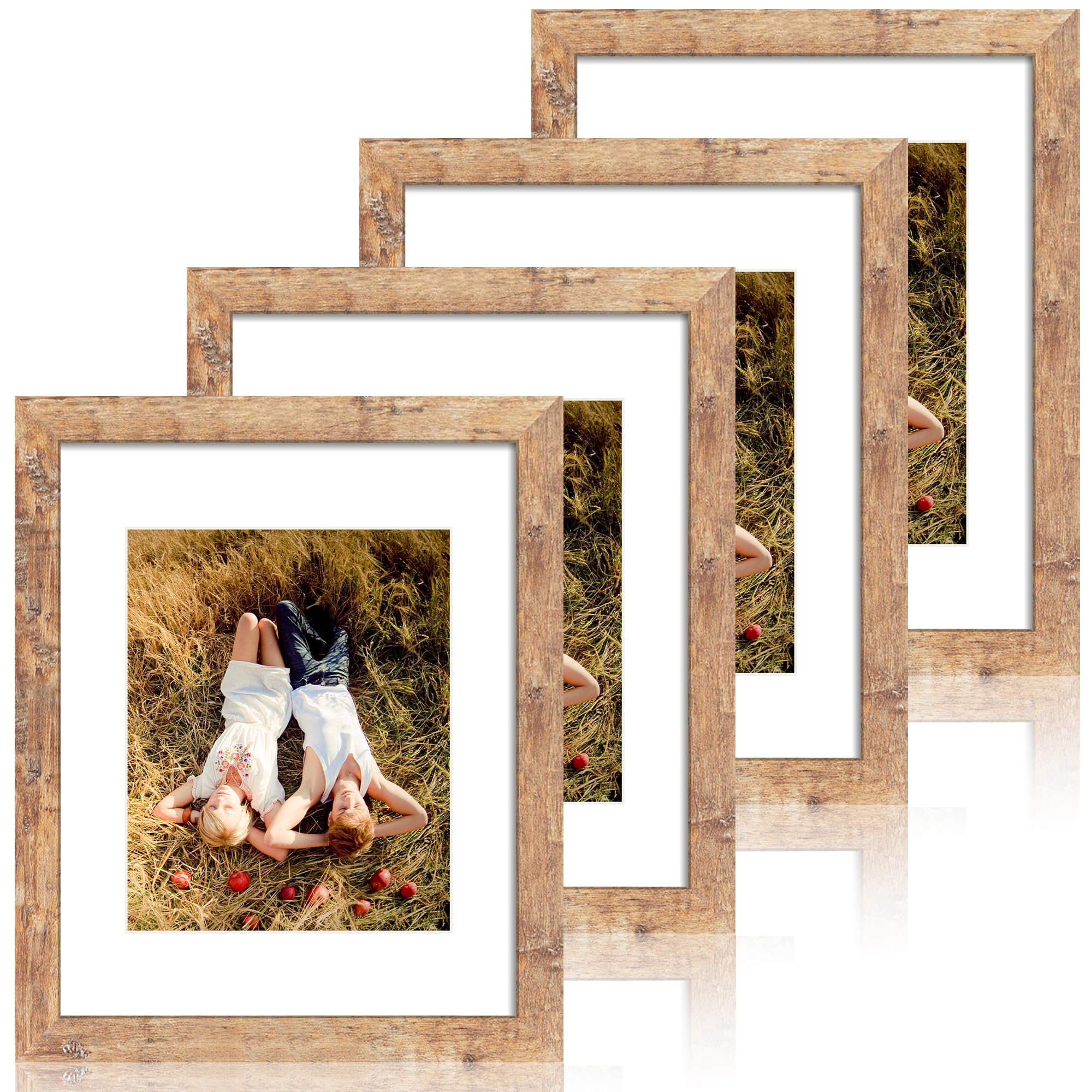 Photo 1 of iRahmen 11x14 Picture Frame Set of 4 with Tempered Glass, Rustic Brown Frame Display 8x10 Pictures with Mat or 11 x 14 Without Mat, Wooden Photo Frames for Wall Mounting