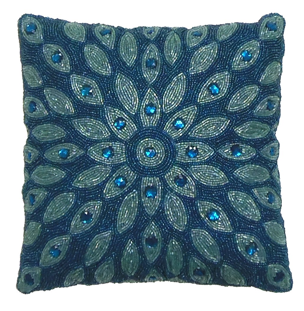Cotton Craft Peacock Hand Beaded Decorative Pillow 12x12 Square Blue