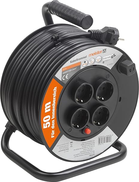 Meister Kabeltrommel H05VV-F3G1,5, IP20 - 50 m Kabel - Thermoschutz-Schalter - Indoor / Kabelrolle mit 4 Schuko-Steckdosen / 