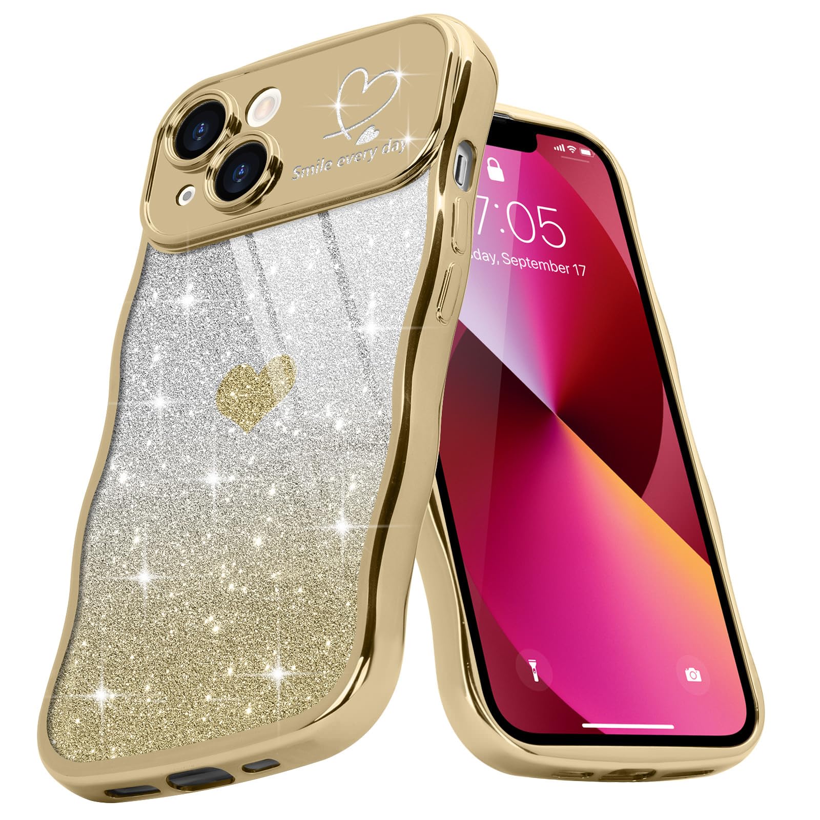 Teageo for iPhone 13 Case for Women Girls Cute Curly Wavy Frame Love Heart Glitter Bling Camera Protection Sparkly Luxury Elegant Shockproof Cover Clear Wave Phone Case for iPhone 13 6.1", Gold
