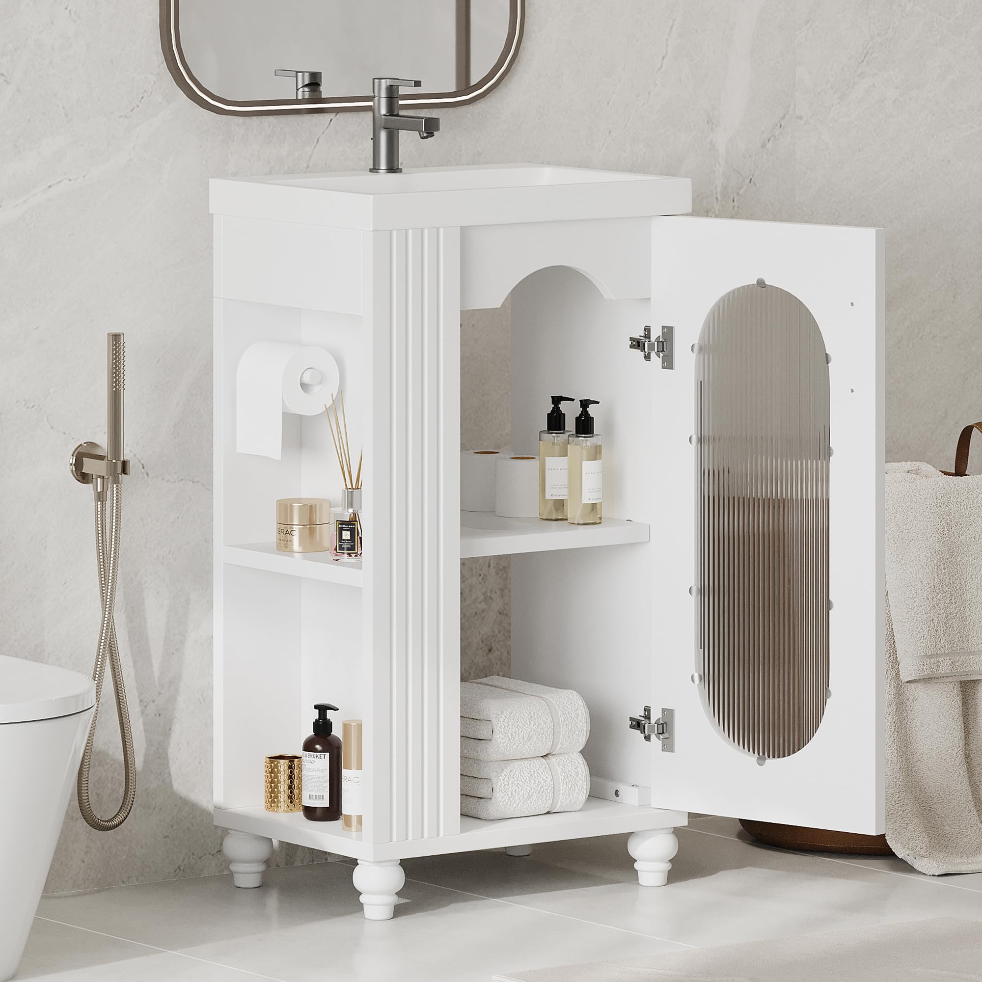 Photo 1 of 20" Bathroom Vanity Cabinet with Undermount Sink, Two-Tier Storage Shelf, Moru Glass, Solid Wood Legs, White