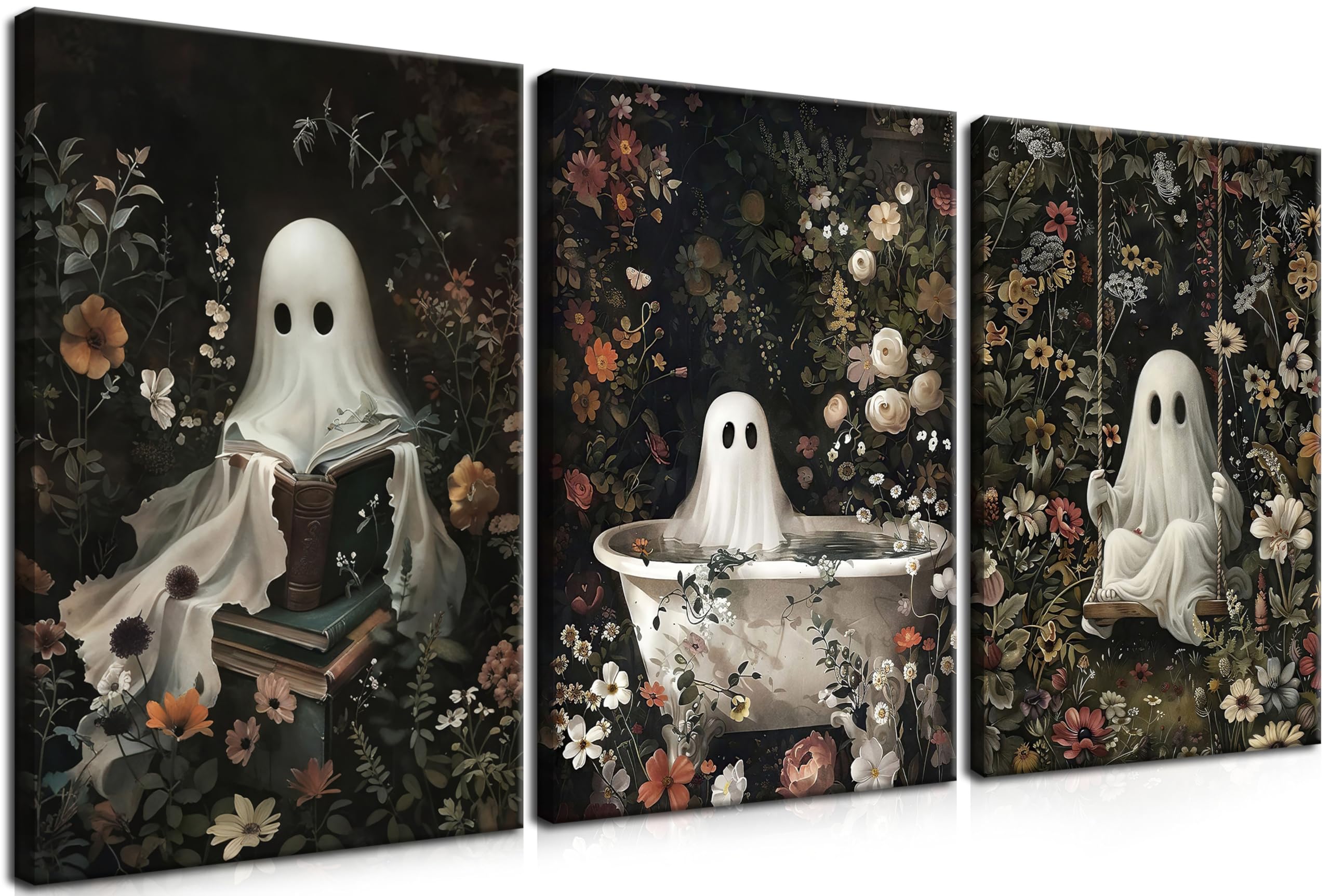 Photo 1 of ***FACTORY SEALED*** 3 Piece Ghost Canvas Wall Art Halloween Decor – Framed Gothic Romantic Spooky Aesthetic Wall Decor, Cute Ghosts and Flowers Pictures Prints Artwork for Living Room Bedroom Bathroom – 16x24in