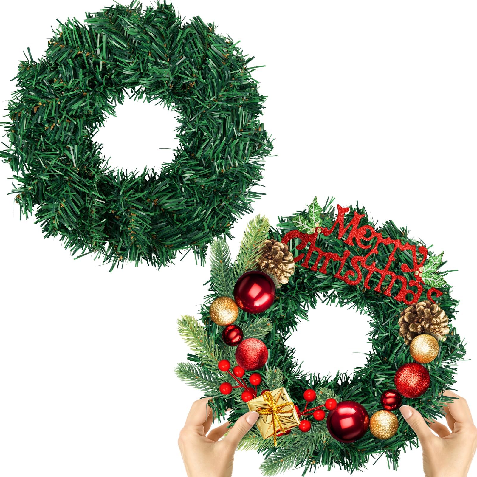 Photo 1 of 2 Pcs Christmas Wreath 10 Inch Green Artificial Wreaths DIY Faux Plain Wreaths Front Door Green Farmhouse Cabinets Wreath Indoor Outdoor Wall Decor(Classic)