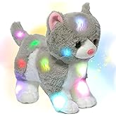 Hopearl LED Plush Kitty Lighting Up Stuffed Animal Cat Floppy Kitten Night Lights Glow in The Dark Birthday Festival for Kids Toddler Girls, Gray, 13.5''