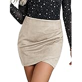 Ezcosplay Women High Waisted Faux Suede Ruched Wrap Mini Skirt Asymmetrical Tulip Hem Bodycon Short Skirts