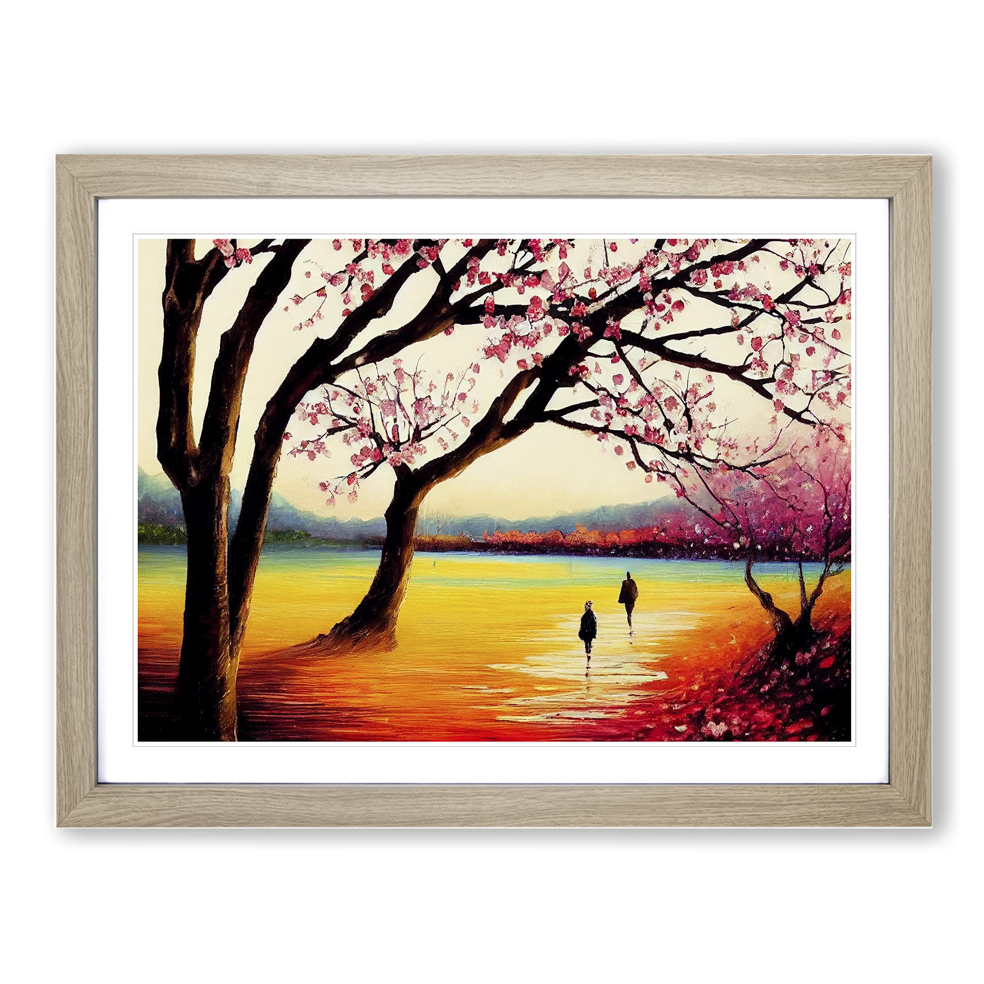 Cherry Blossom Tree Park Vol.5 Framed Print | A3 Oak Framed Wall Art | Ready to Hang | Modern Floral Picture | Living Room Bedroom Lounge Office