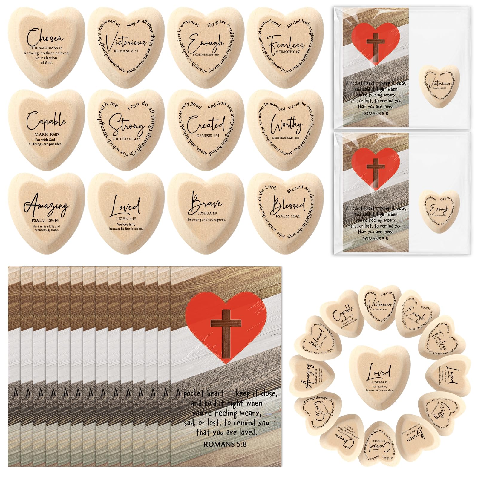 Photo 1 of Yalikop 36 Set Inspirational Christian Grandparent Day Gift for Church Religious Wooden Pocket Heart Token with Card Bible Verse Favor Clergy Appreciation Gift for Pastor Wife Sunday School Teacher