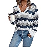 MakeMeChic Women's Plus Size Fall Sweaters Long Sleeve Hollow Out Crochet V Neck Pullover Tops Striped Sweater Top