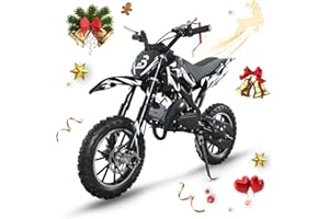 BLAZEGO 49CC Kids Gas Dirt Bike, 2-Stroke Gas Powered Motorcycle, Dual Disc Brakes, Front & Rear Shock, 10" Off-Road Tires, 28 MPH Top Speed, 132 LBS Max Load, Mini Dirtbike for Kids 8-14, White