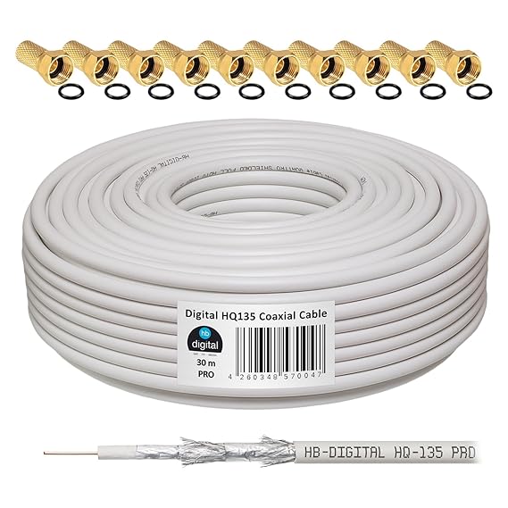 135dB 30m Koaxial SAT Kabel HQ-135 PRO 4-fach geschirmt für DVB-S / S2 DVB-C und DVB-T BK Anlagen + 10 vergoldete F-Stecker S