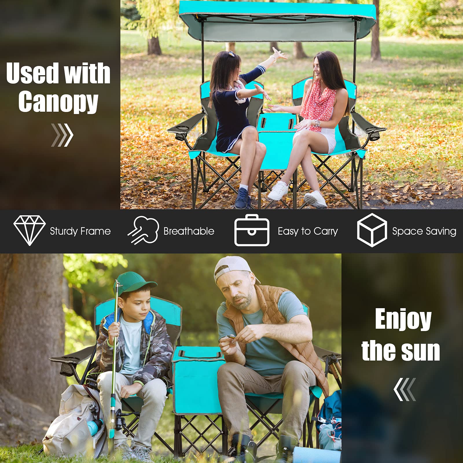Safstar Double Camping Chair with Canopy Shade, Folding Loveseat