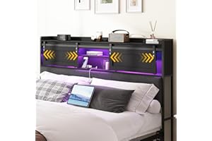 Decoholic King Size Headboard Only with Storage, Upholstered Headboard with Charging Station and LED Light, Sturdy and Stable, Easy to Assemble (Black+Barn Door, King)