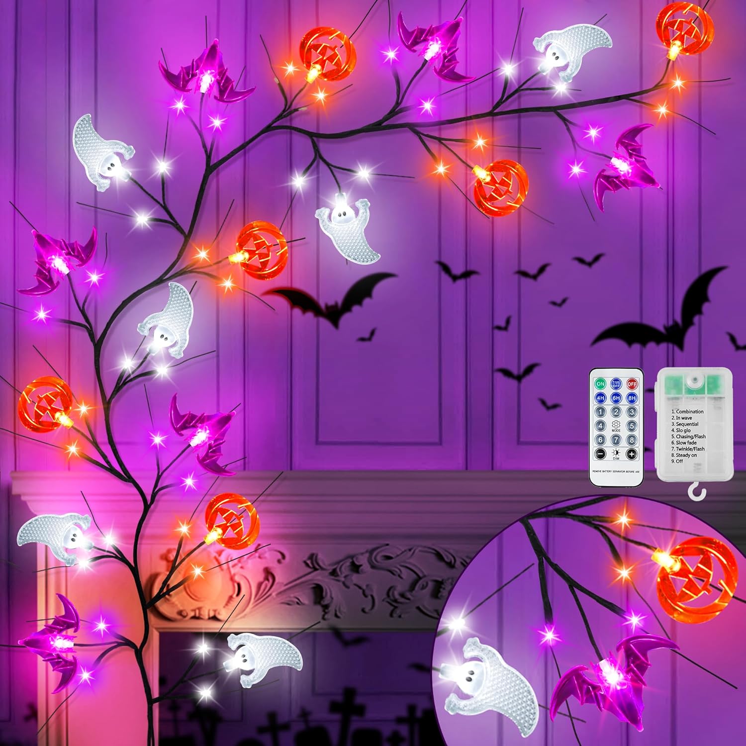 Wreaths, Garlands & Swags - Sakayo 6 FT 54 LED Willow Vine Twig Halloween Decorations Garland with Timer Pumpkin Bat Ghost Lights, 8 Modes Waterproof Battery Operated Halloween Lights Indoor Home Wall Window Mantle Decor