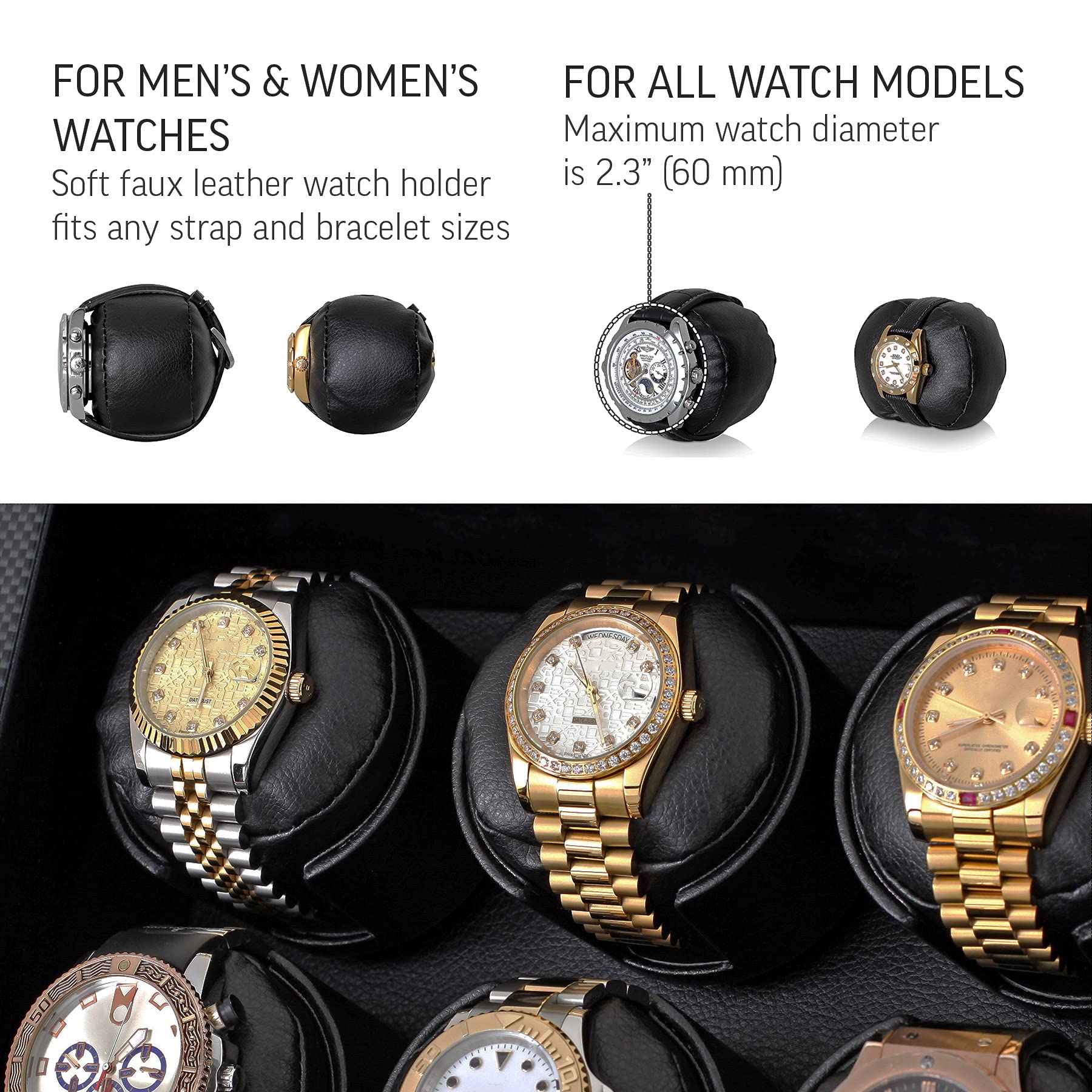 Watch Winder for 6 Automatic Watches with Motor-Stop and Battery Power Option