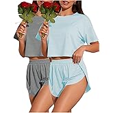 OYOANGLE Women's 2 Pack Pajama Set Striped Short Sleeve Tshirt and Split Shorts Cute Pjs Lounge Set Summer Sleepwear