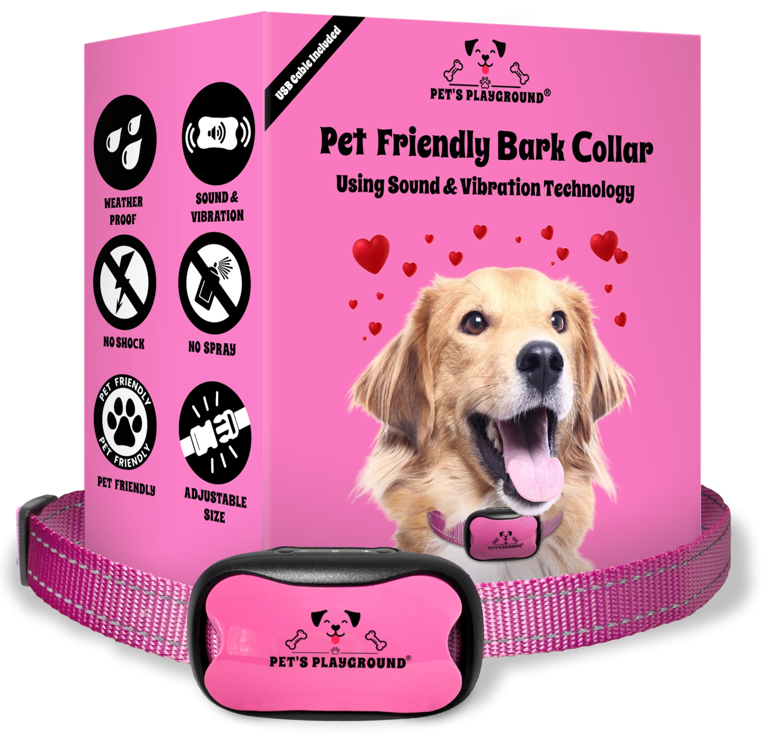 Pet's Playground Bark Collar | Anti Barking Dog Collars | Barking Collars Small Dogs Medium Dogs Large Dogs | Stop Dog Barking Device | Pink | Rechargeable
