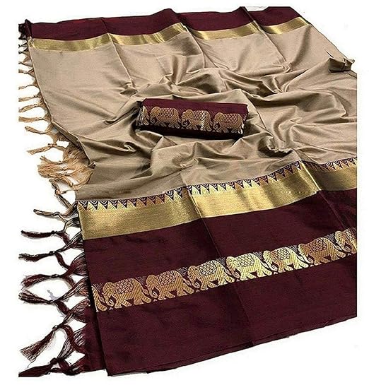 Blue Wish Womens Latest Ethnic Wear Elephant Olive Green Navyblue Cotton Silk Saree With Blouse