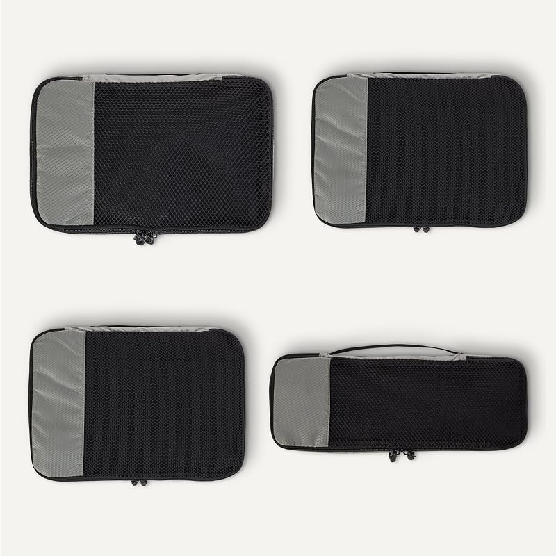 , Set di 4 Packing Cube, Accessori da Viaggio, Organizer per Bagagli con Doppia Cerniera, Parte Superiore in Rete, 100% Poliestere, S/M/L/Slim, Grigio (in Precedenza Amazon Basics)
