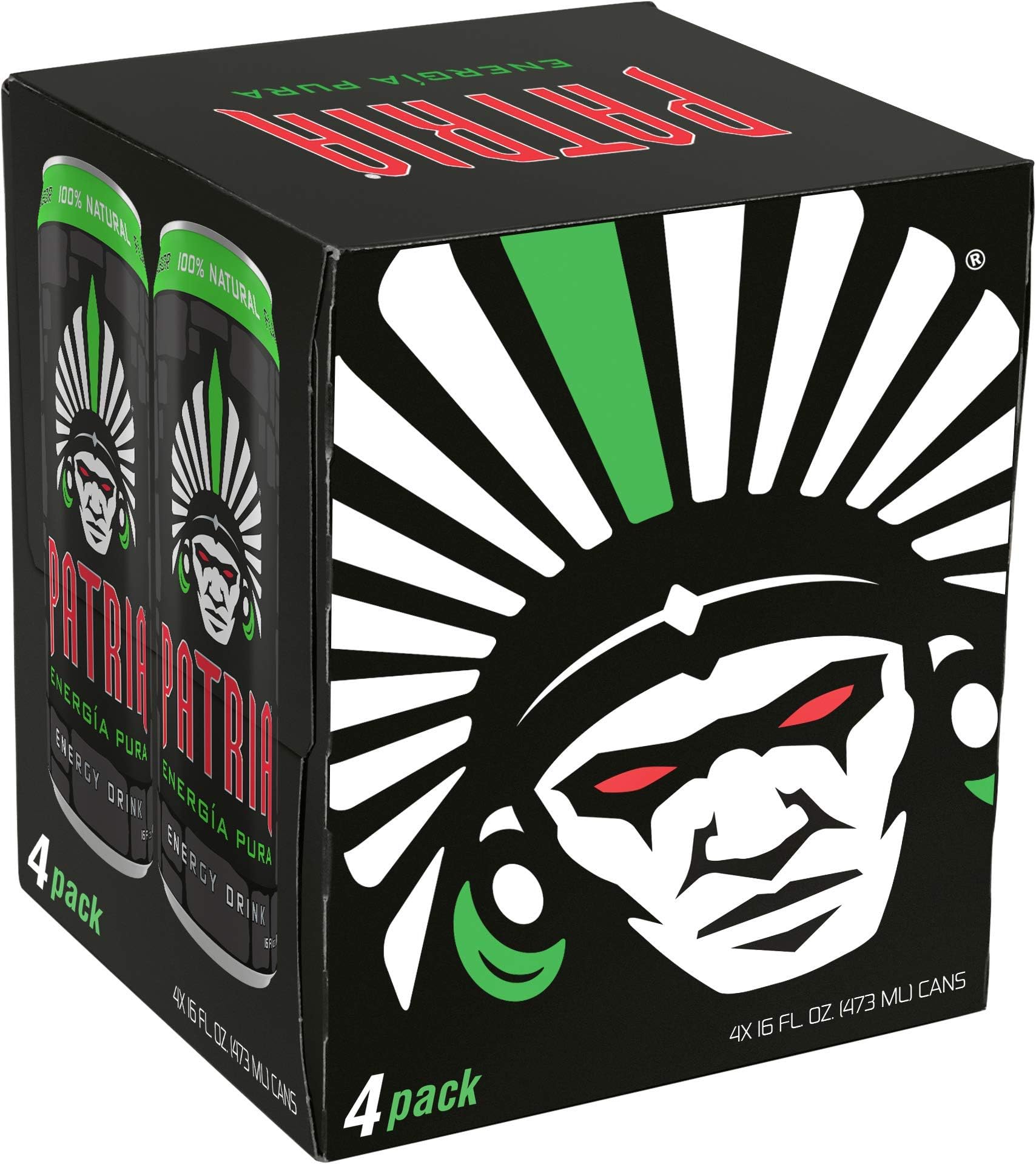 Patria Energia Pura (Pure Energy) Energy Drink for Sustained Energy, No Crash and No Jitters, 4-Pack of 16-oz Cans, Flavor: Citrus