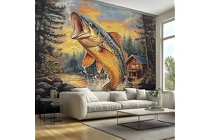 Bass Fishing Mural Wallpaper, Cabin Hunting Wall Mural 98" W x 69" H, Bass Fishing Wall Decor for Home, Bedroom, Living Room,