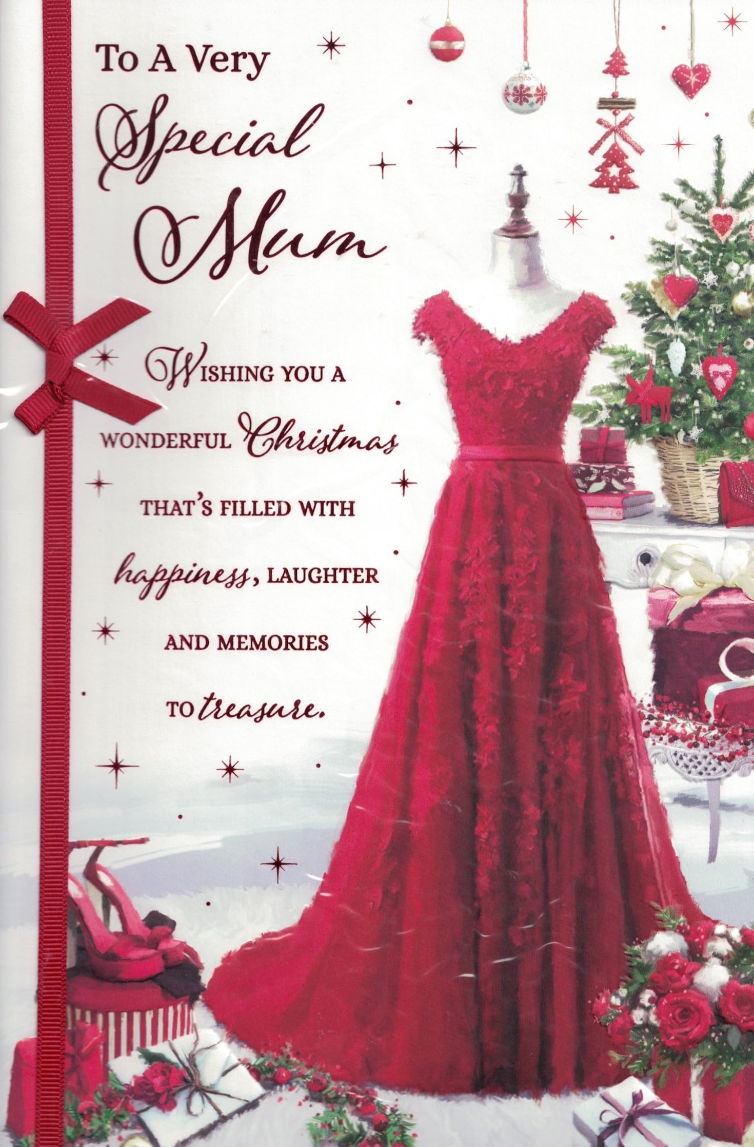 "Luxury Large Christmas Card for Mum – Special Mother Christmas Greeting Card with 8-Page Insert, Red Dress & Festive Design – Elegant Xmas Card with Verse for Mum"