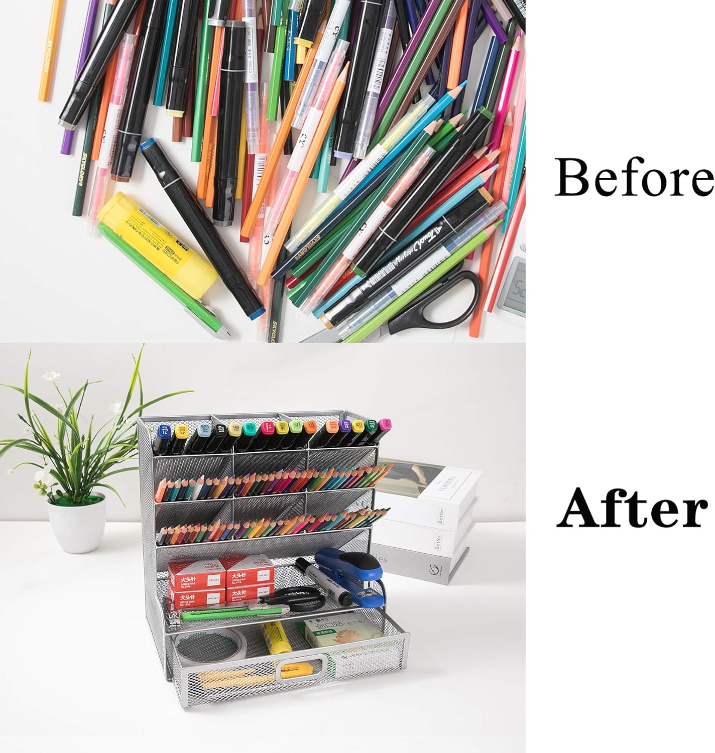 Cmonie Multi-Functional Mesh Desk Organizer Pen Holder, Pen Organizer for Desk, 10 Compartments Desktop Stationary Organizer, Storage Rack for School Home Office Art Supplies (Sliver) : Office Products