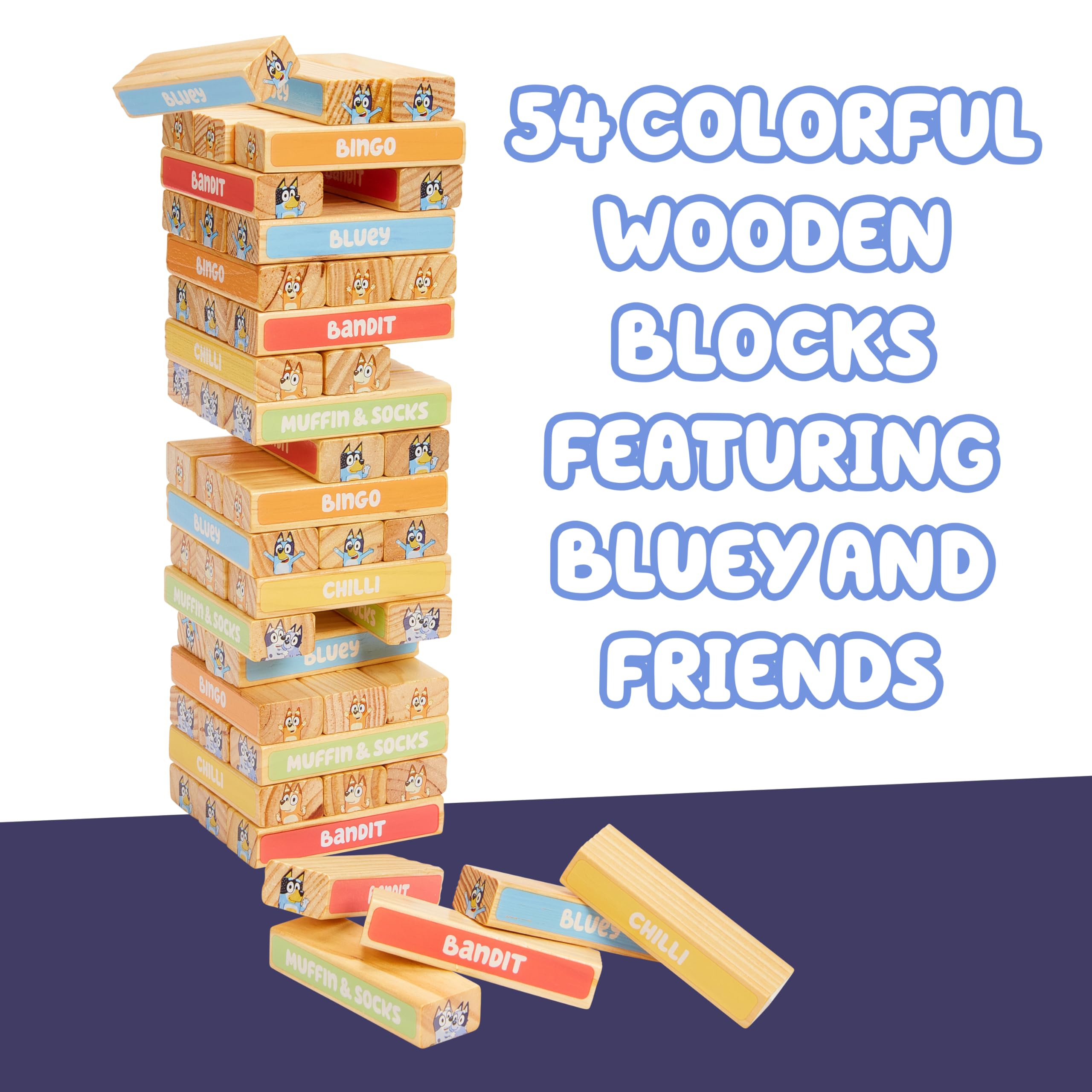 Bluey 8th Wonder Stackable Tumbling Tower Game, Robust Wooden Stacking Game with 54 Illustrated Colored Blocks, Fun Balancing Toy for Kids Ages 3+