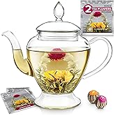 Teabloom Le Bouquet Glass Teapot with Two Gourmet Blooming Tea Flowers - 34 Oz /1 L Capacity (Up to 4 Cups of Tea)