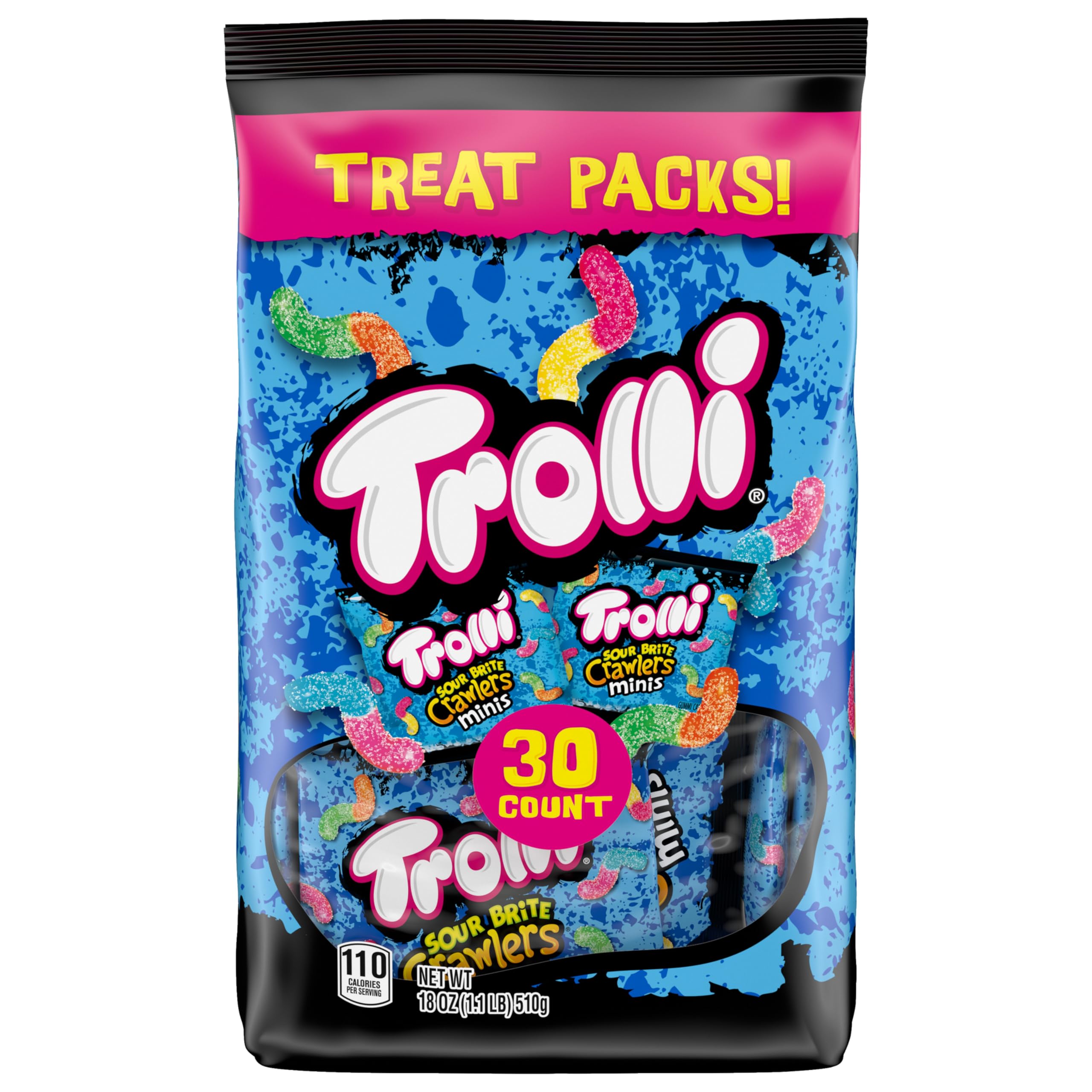 Trolli Mini Sour Brite Crawlers Candy, Cherry-Lemon, Strawberry-Grape & Orange-Lime, Sweet and Sour, Gummy Worms, 18 oz (30 ct)